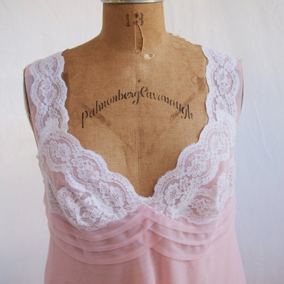 vtg 60s KOMA Pink Nylon Chiffon Babydoll Short Empire Chemise Nightgown Lace M - Picture 4 of 11
